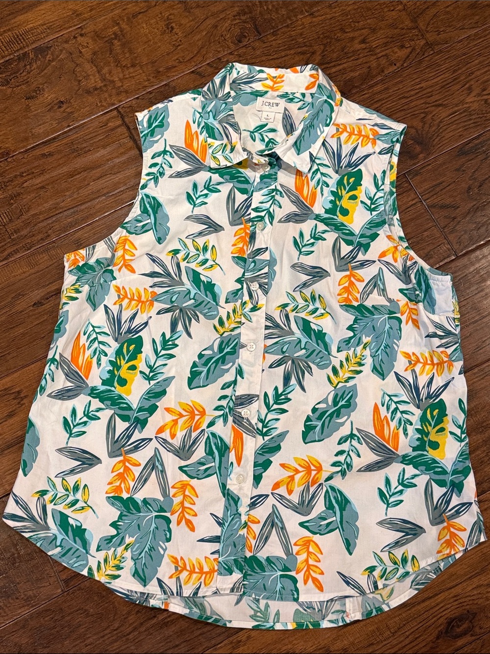 J. Crew Sleeveless Button-Up tank - Teal, Yellow & Orange Leaf Print